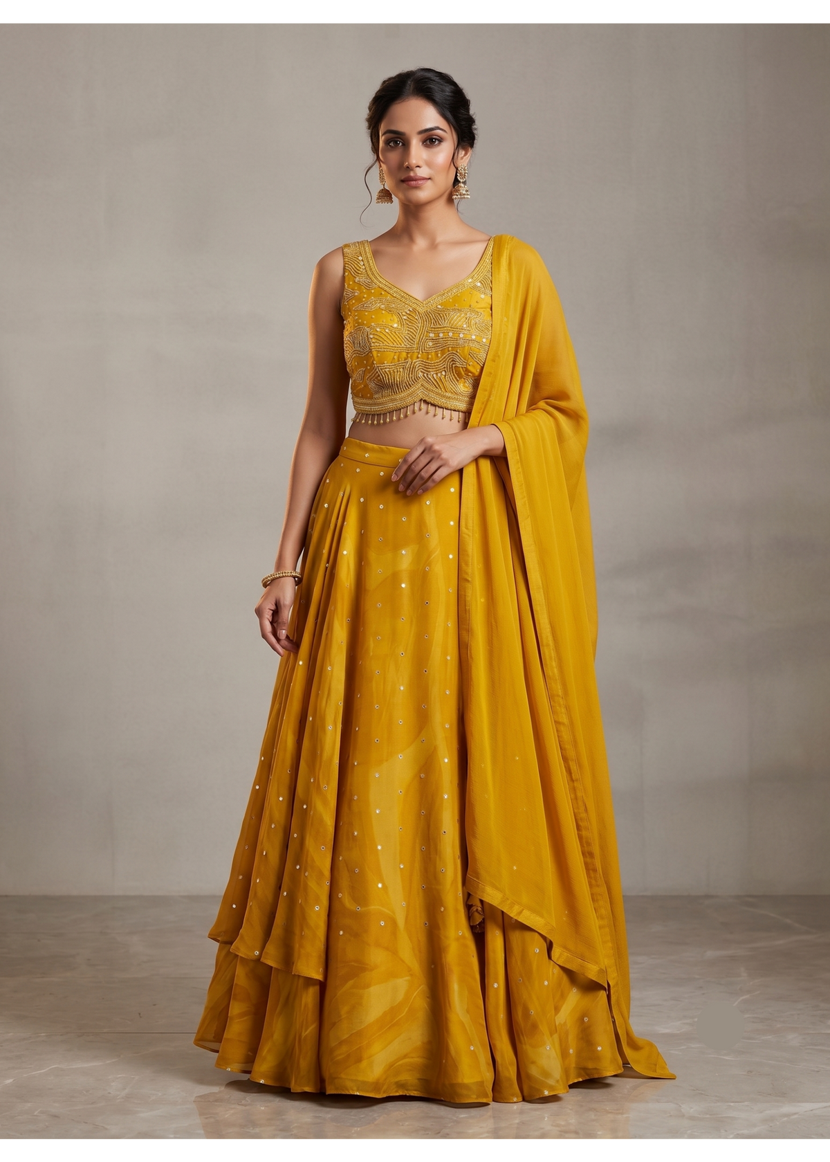 Mustard Yellow Layered Georgette Lehenga