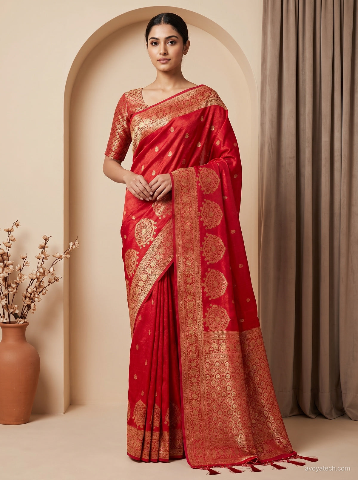 Crimson Red Banarasi Silk Saree with Golden Zari Medallions & Blouse Piece