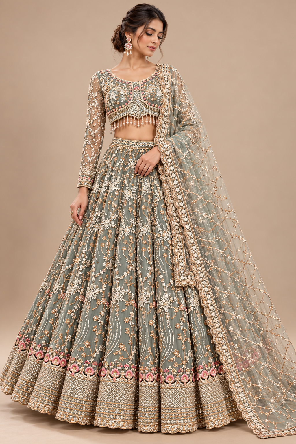 Slate Grey Embroidered Full-Sleeve Lehenga Choli Set