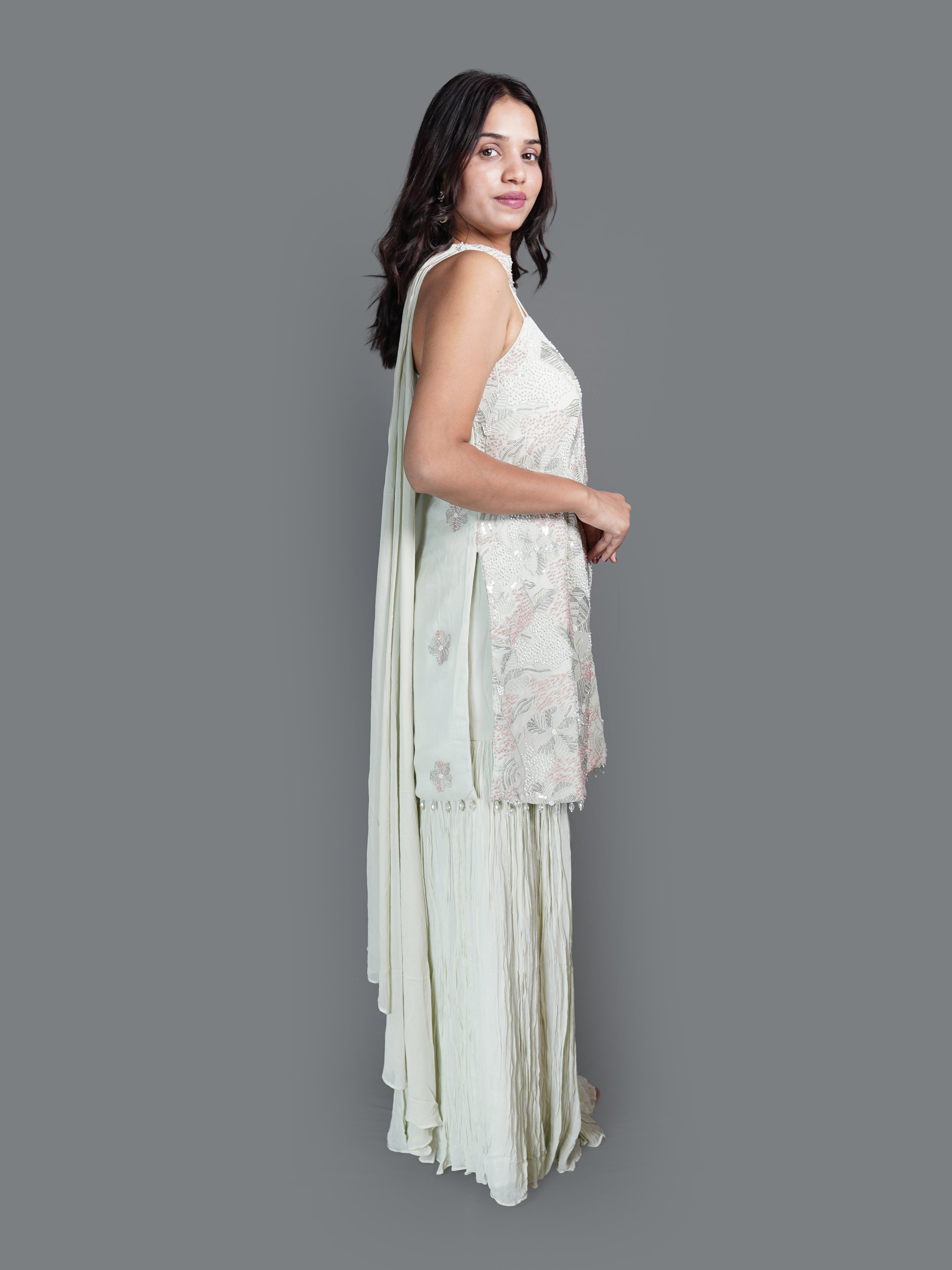 Pale Mint Sequin Tunic sharara Set (2468 M-13)