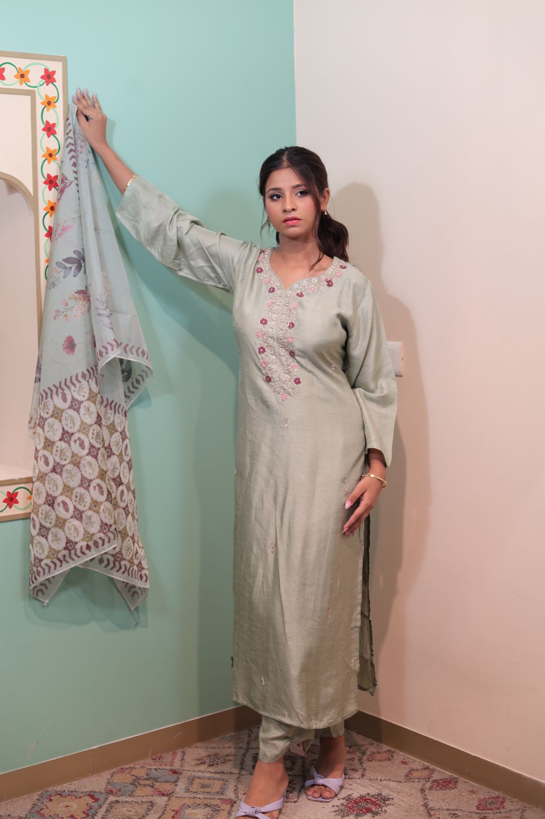 Tasman Raw Silk Kurti with Pant and Dupatta