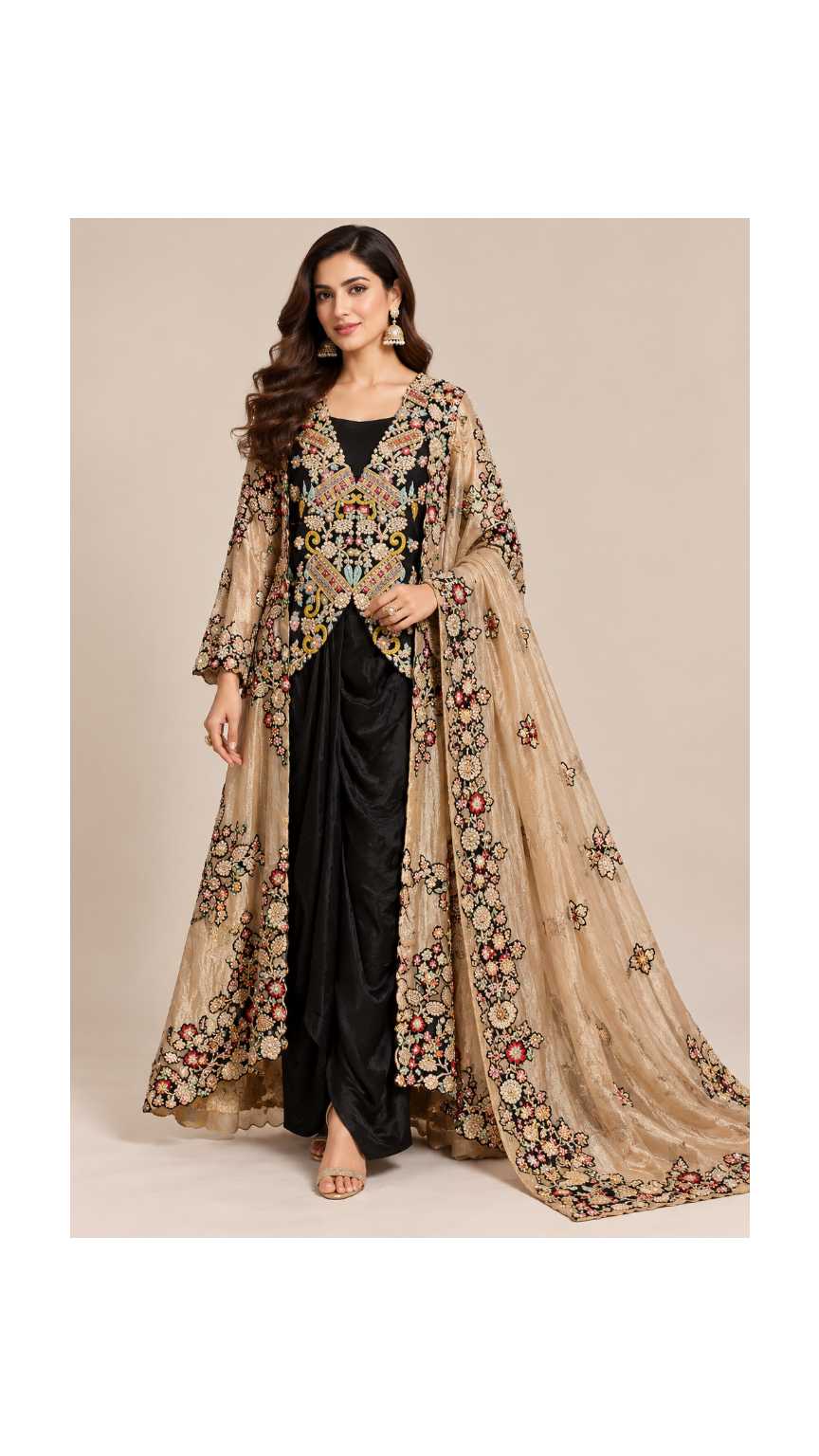 Champagne Gold Embroidered Long Jacket Draped Dress Set Main image