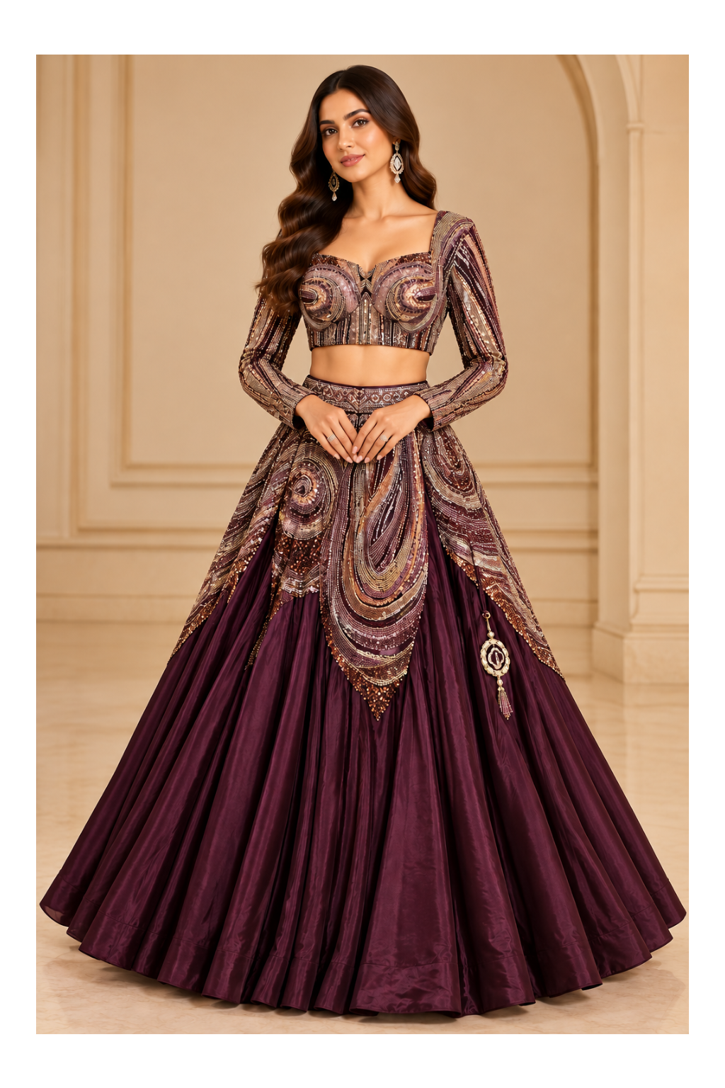 Deep Aubergine-Plum Sculpted Corset Blouse & Kalidar Lehenga Set