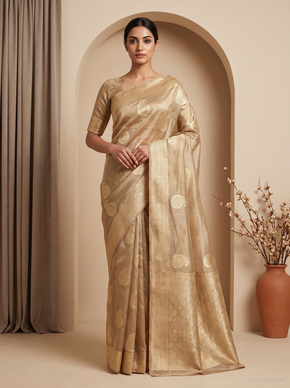 Champagne Gold Tissue Silk Saree with Zari Paisley Motifs