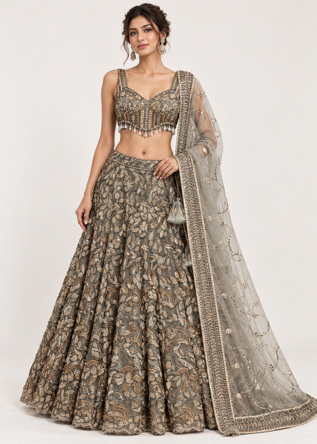 Olive Grey Metallic Bridal Lehenga Set Main image