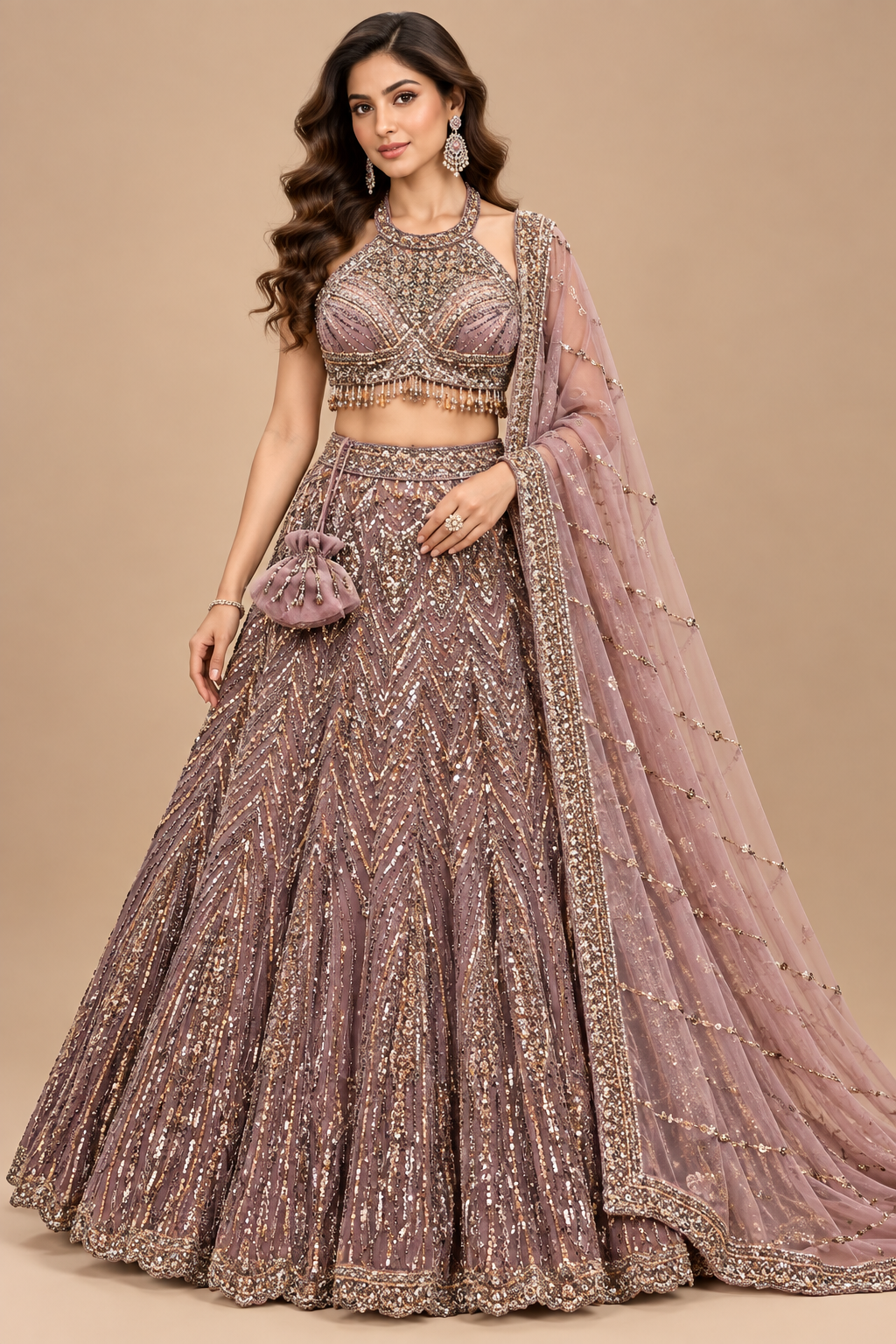 Dusty Mauve Halter-Neck Chevron Embroidered Lehenga Set
