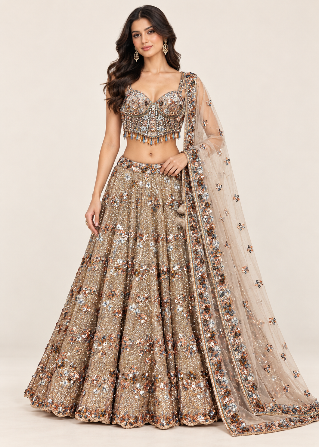 Bronze Gold Multi-Color Mirror & Sequin Corset Bridal Lehenga Set Main image