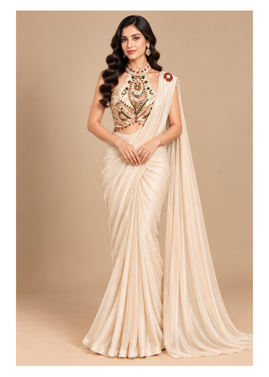 Champagne Ivory Pre-Draped Tissue Saree with Jeweled Halter Blouse Main image