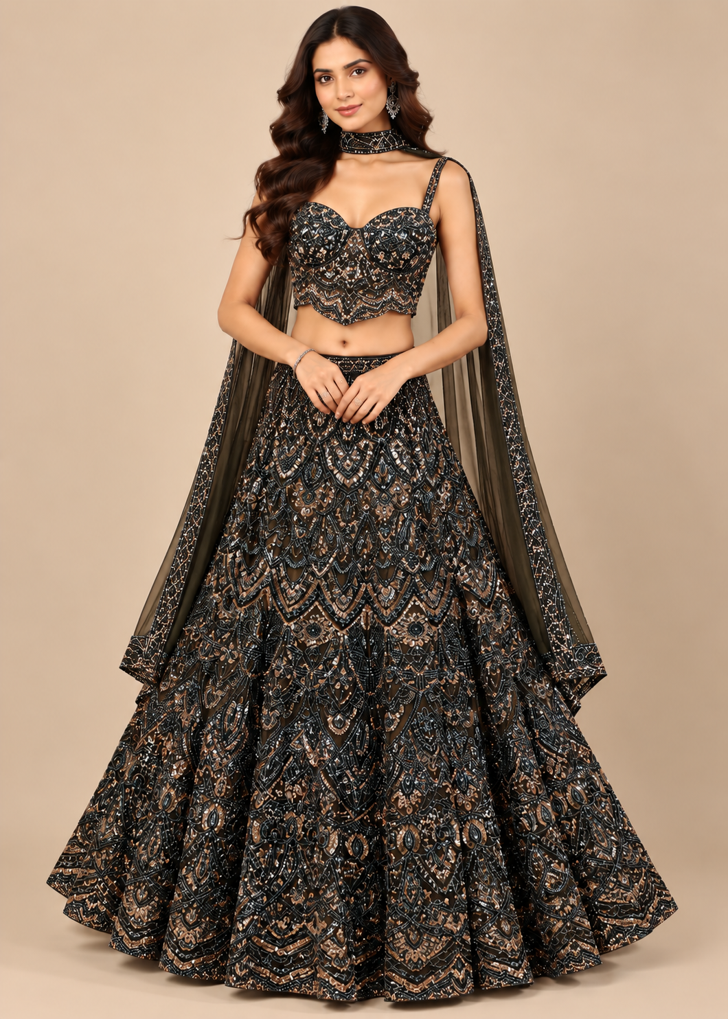 Midnight Charcoal & Bronze Geometric Sequin Bridal Lehenga Set with Choker Cape Drape