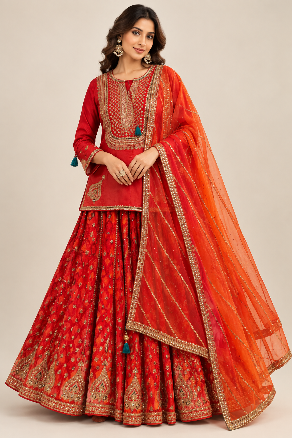 Crimson Red Embroidered Silk Short Kurti &amp; Flared Skirt Set with Dupatta