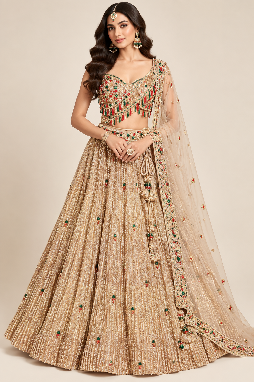 Champagne Gold Pleated Shimmer Lehenga Set with Jeweled Tassel Blouse and Net Dupatta