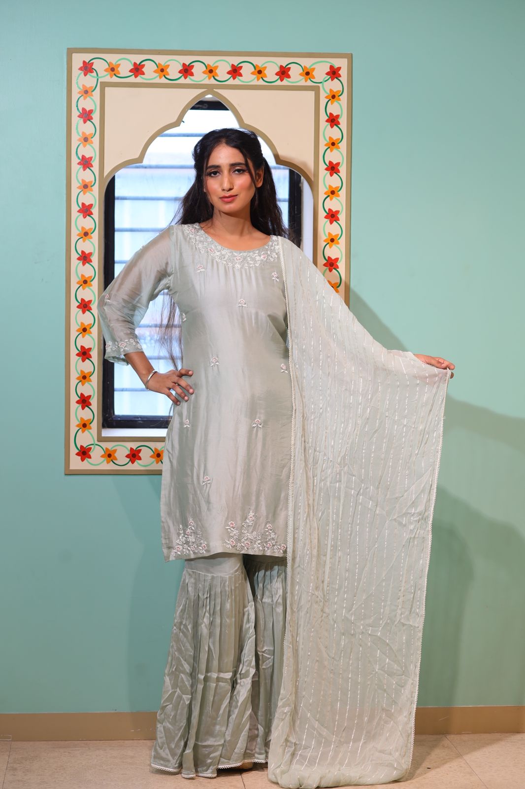 Elegant Raw Silk Kurti with Sharara and Dupatta