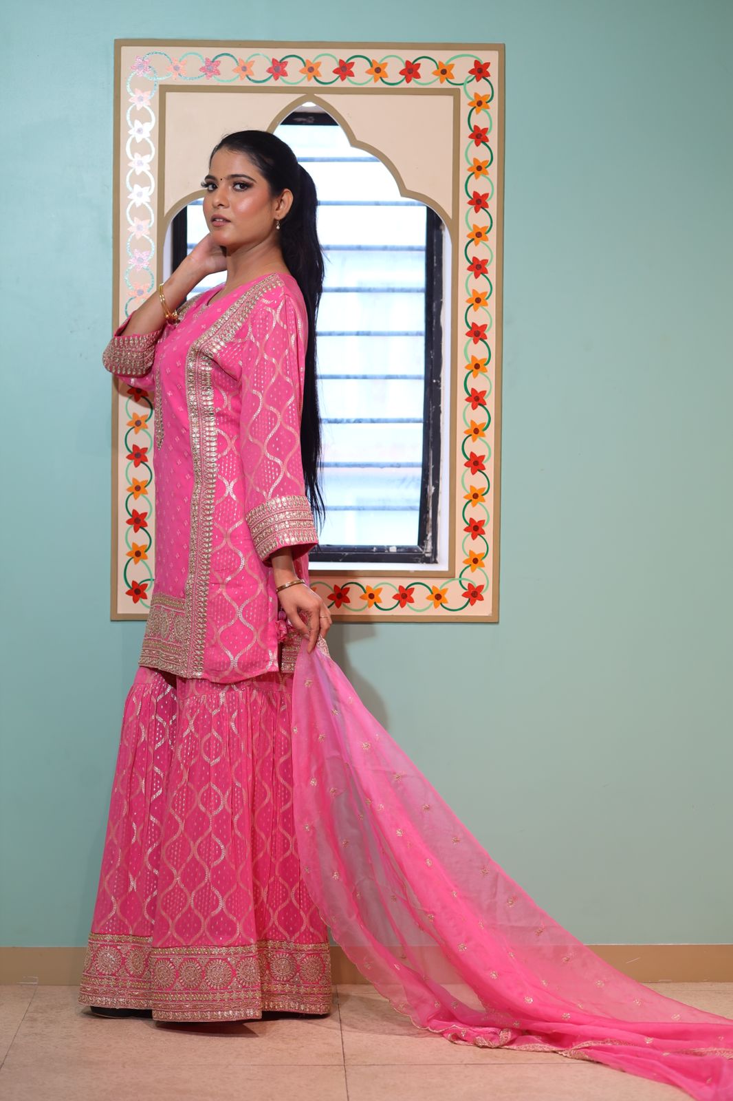 Heavy Kurti with Sharara and Net Dupatta