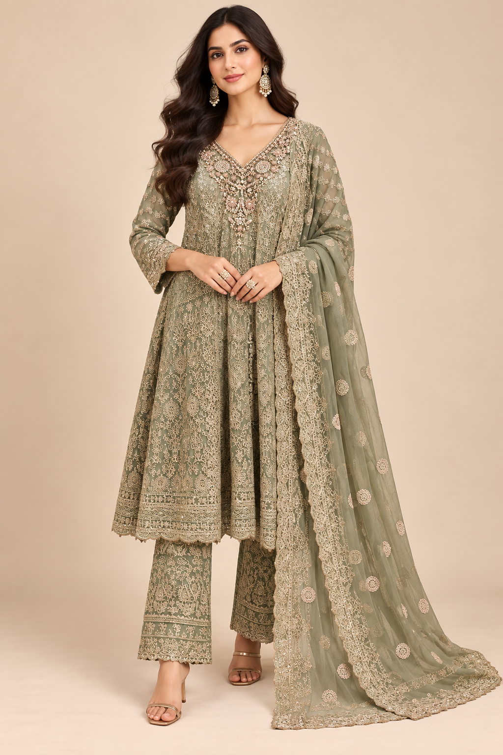 Sage Olive Hand-Embroidered Net Kalidar Kurti & Straight Pant Set with Dupatta