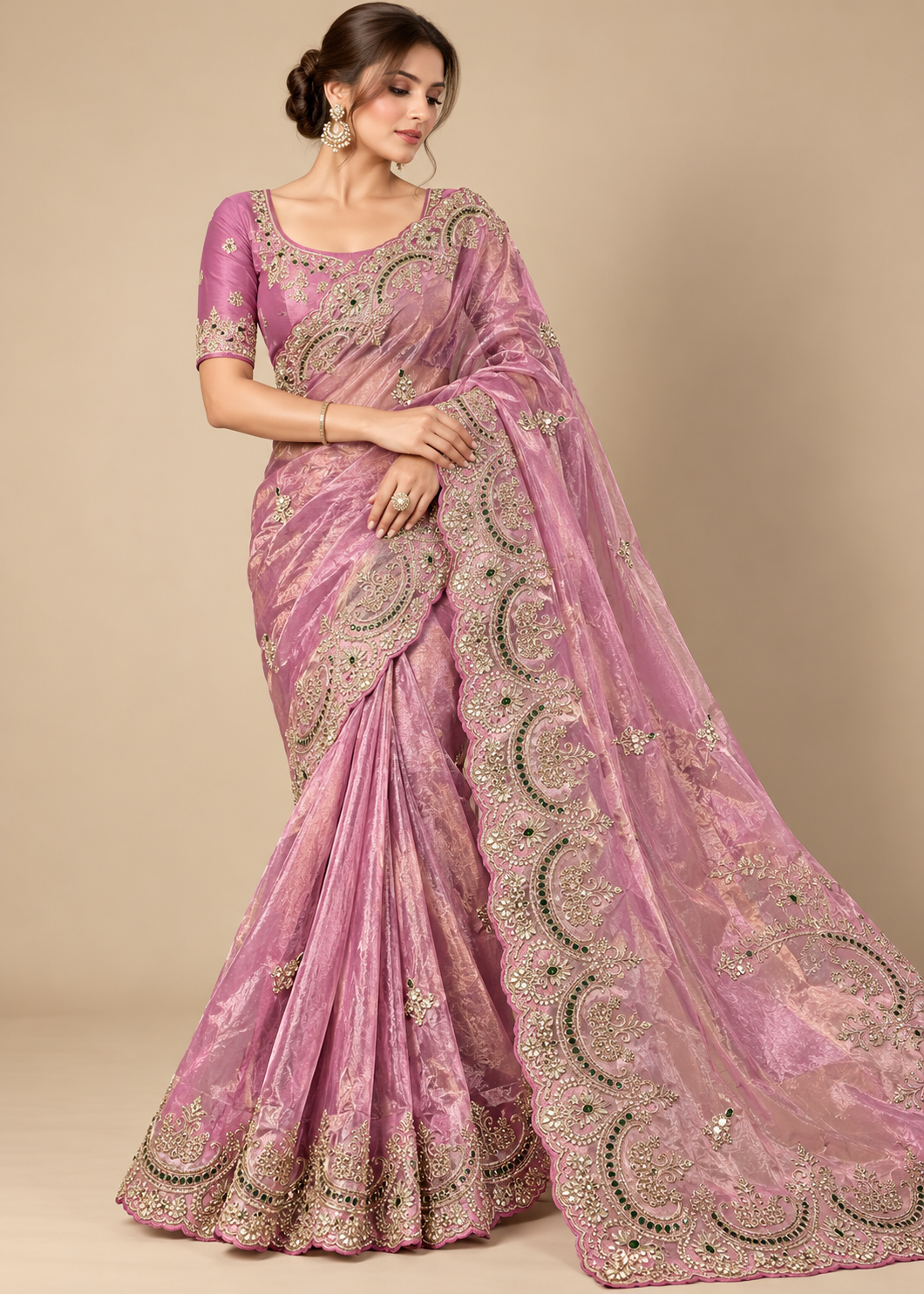 Lilac Pink Hand-Embroidered Organza Tissue Saree with Blouse Main image