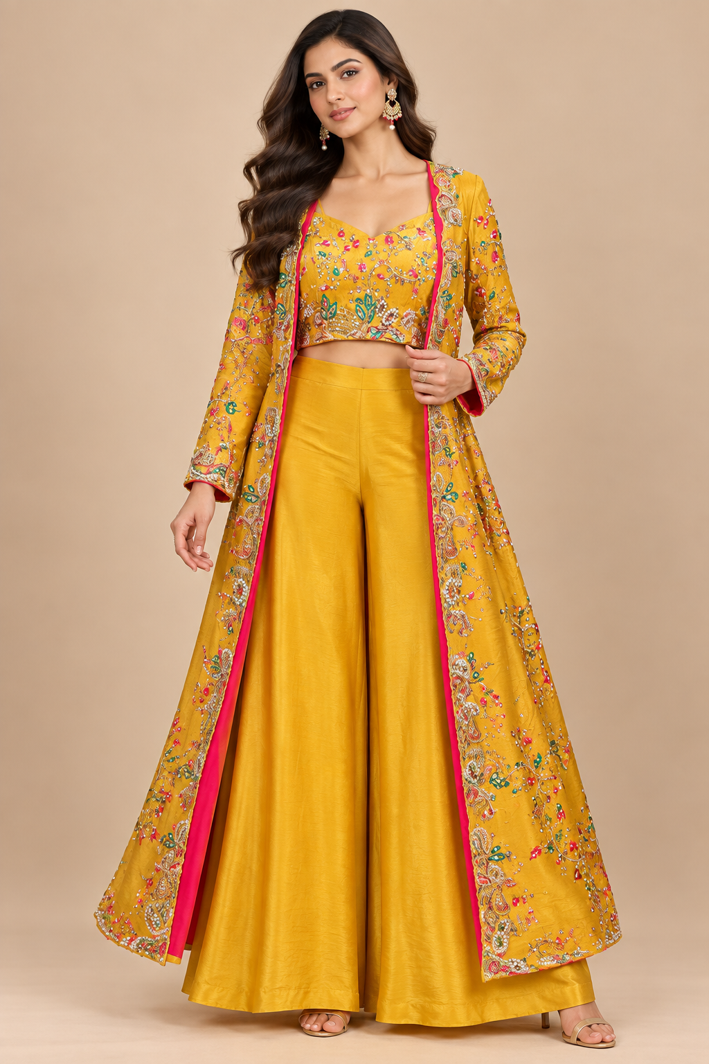 Mustard Yellow Hand-Embroidered Silk Palazzo Set with Bustier & Longline Cape Jacket Main image