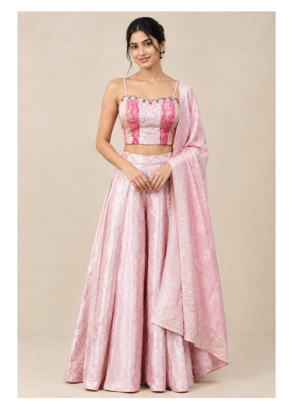 Baby Pink Jacquard Silk Sharara Set with Color-Blocked Corset Blouse