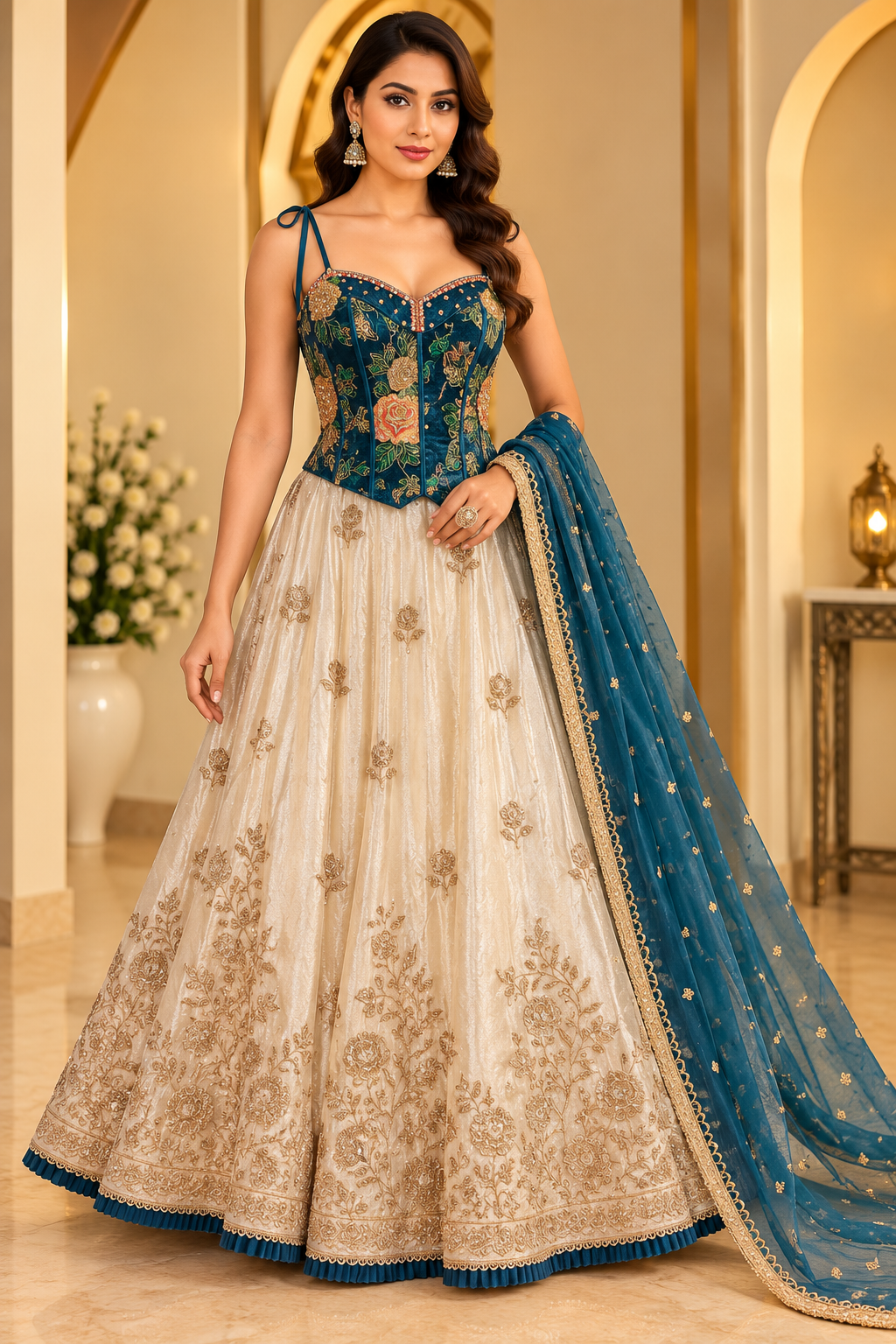 Teal Blue & Champagne Hand-Embroidered Velvet Corset Bustier, Flared Skirt & Dupatta