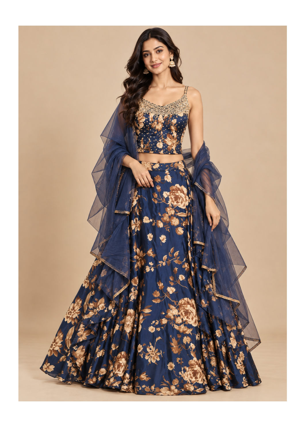 Navy Blue Floral Printed Lehenga Set