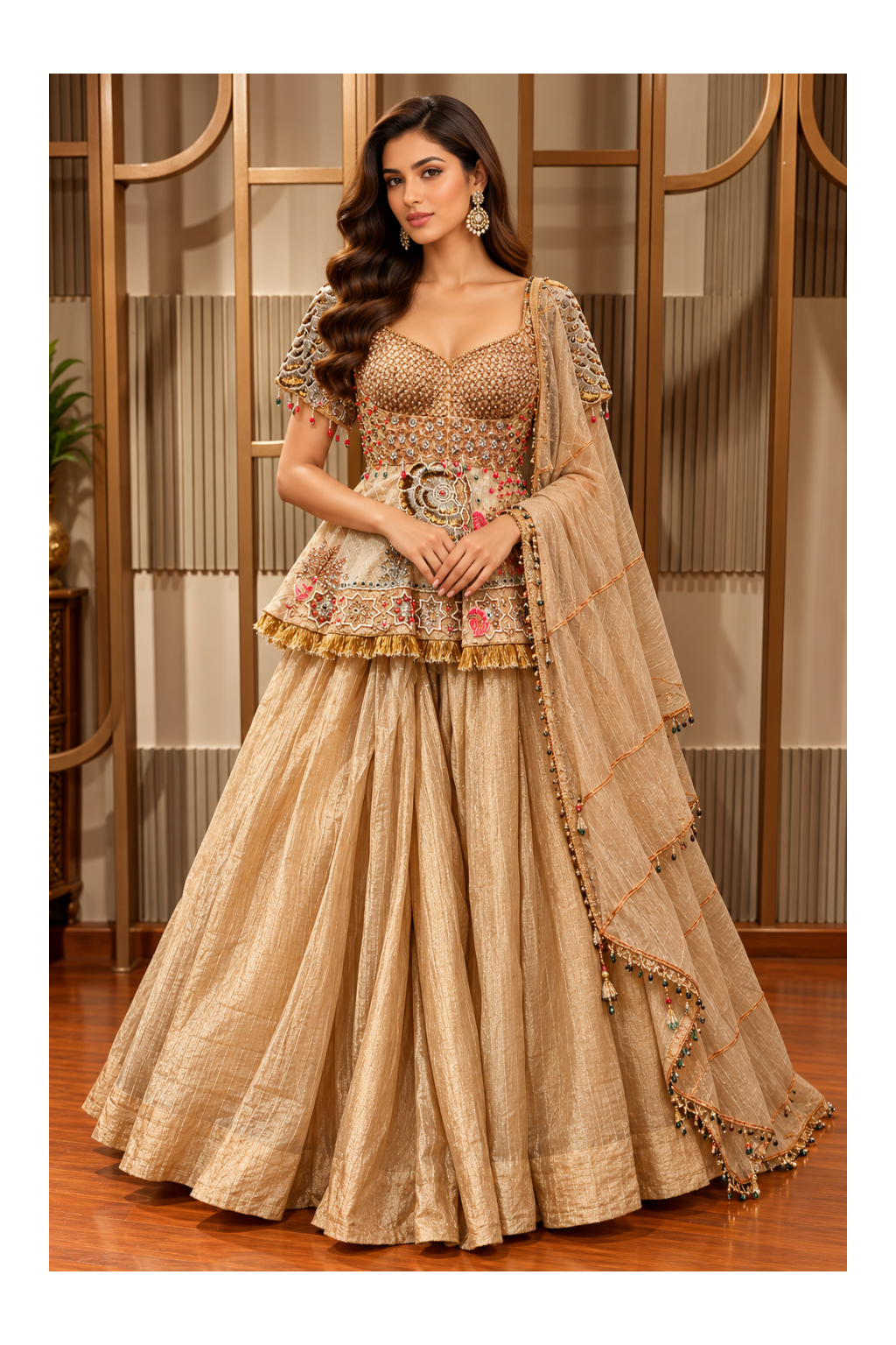 Champagne-Gold Embroidered Peplum Kurti, Flared Skirt & Dupatta Ensemble