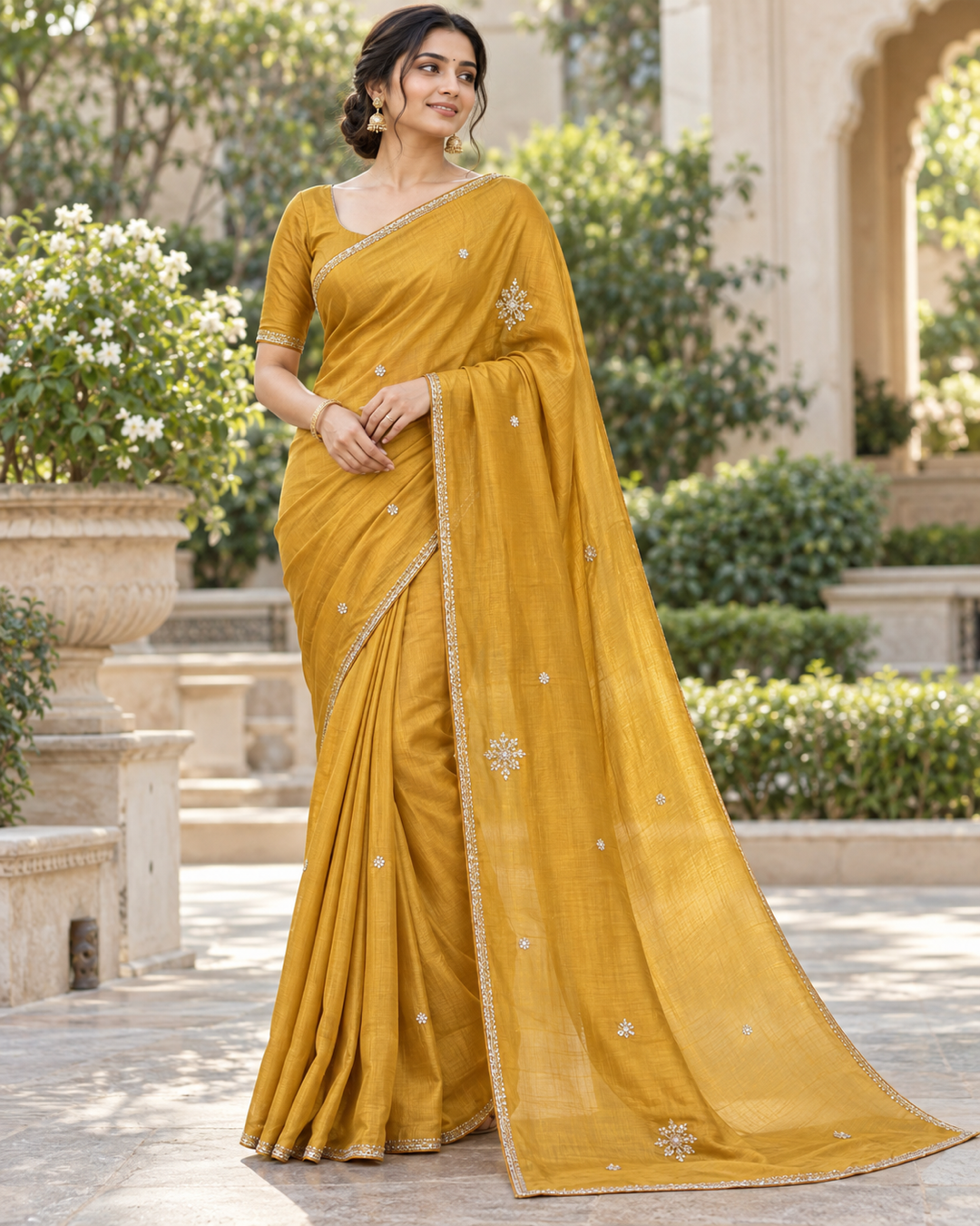 Radiant Mustard Embroidered Silk Saree Main image