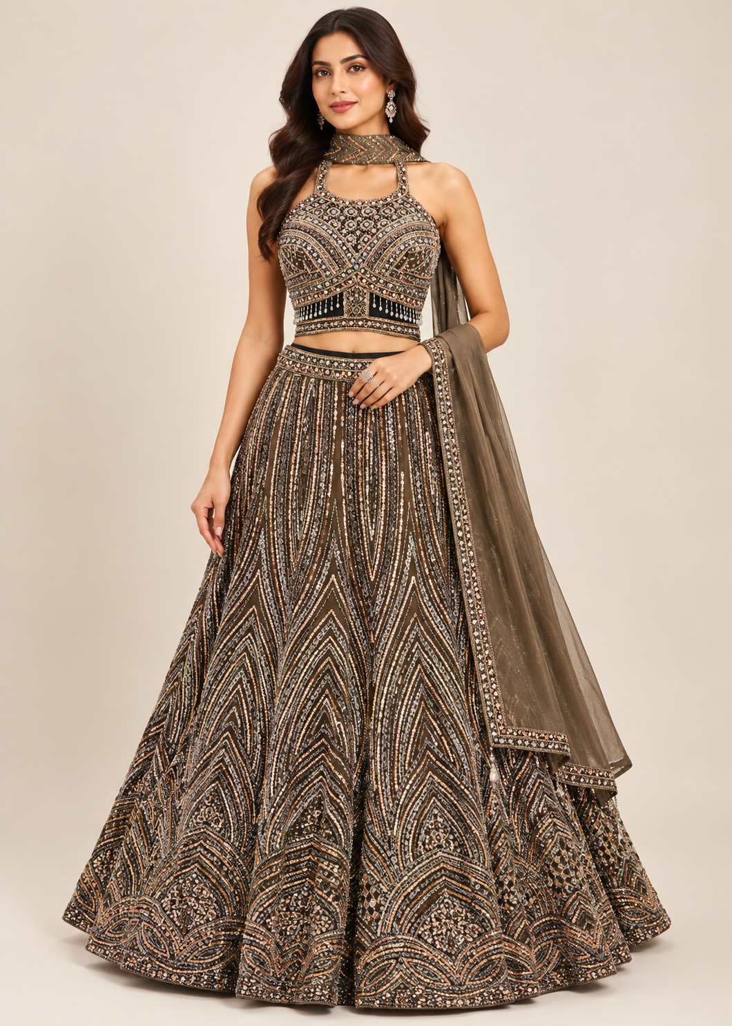 Charcoal-Brown Geometric Chevron Embroidered Lehenga, Halter Bustier Main image