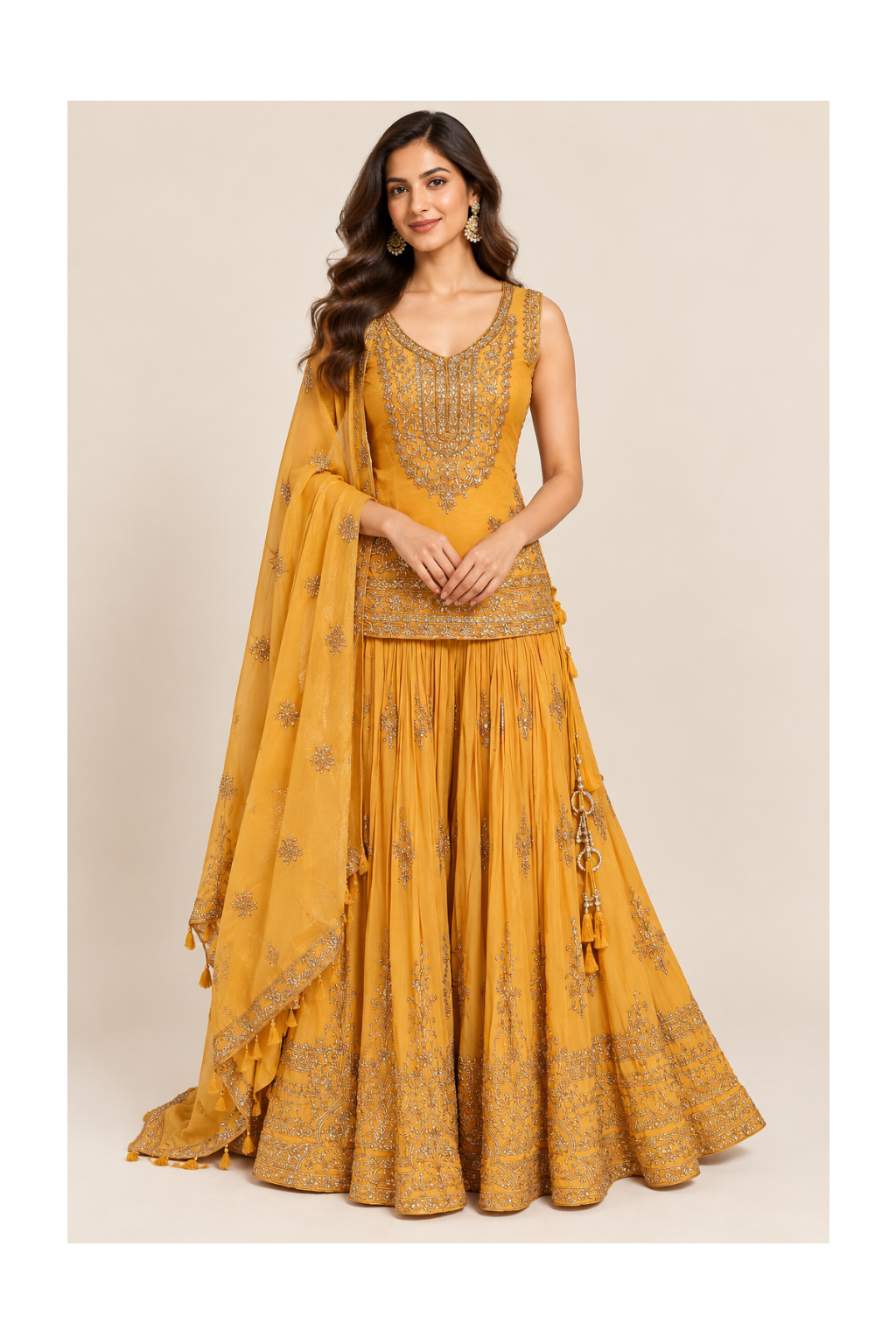 Mustard-Yellow Embroidered Sleeveless Kurti, Flared Sharara