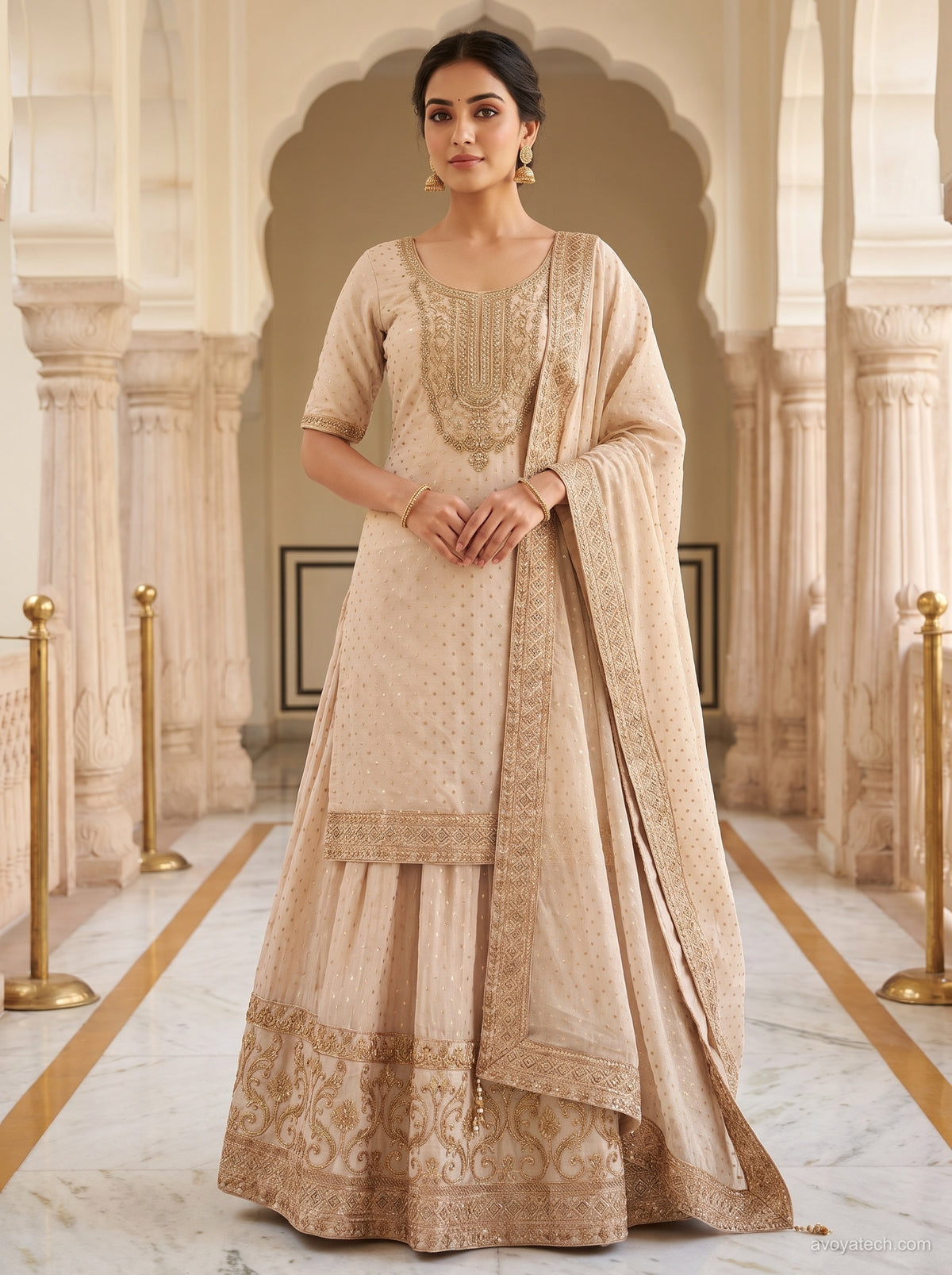 Champagne Beige Zari Embroidered Kurti Lehenga Set Main image