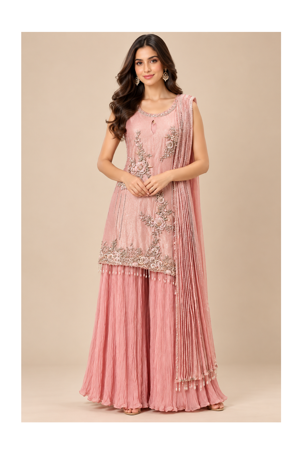 Dusty Pink Embroidered Kurti & Crushed Sharara Set
