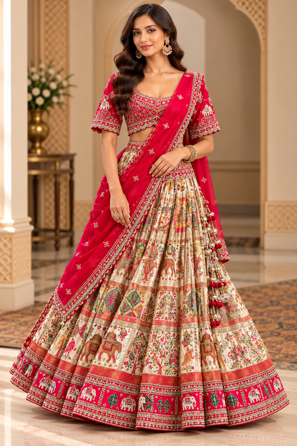 Ivory and Rani Pink Heritage Lehenga Main image