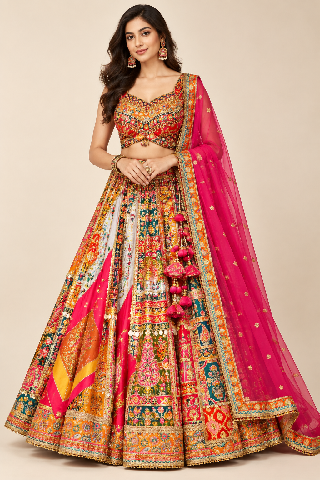 Multi-Colored Heritage Patchwork Bridal Lehenga Set with Hot Pink Dupatta Main image