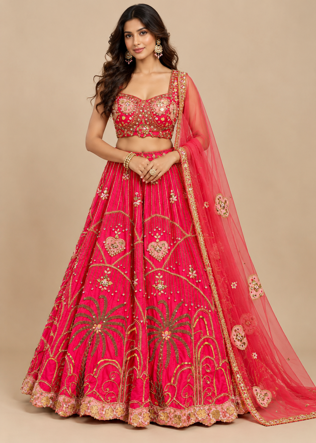 Fuchsia-Pink Tropical Embroidered Kalidar Lehenga, Sweetheart Bustier