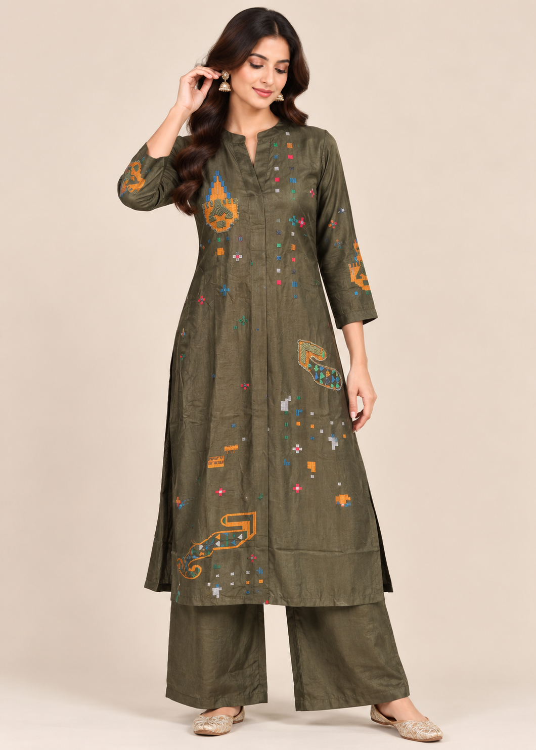 Olive Green Geometric Embroidered Kurti with Palazzo Set