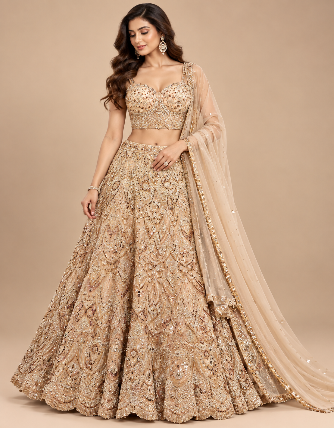Champagne Gold Heavily Embellished Sleeveless Bridal Lehenga Choli Set
