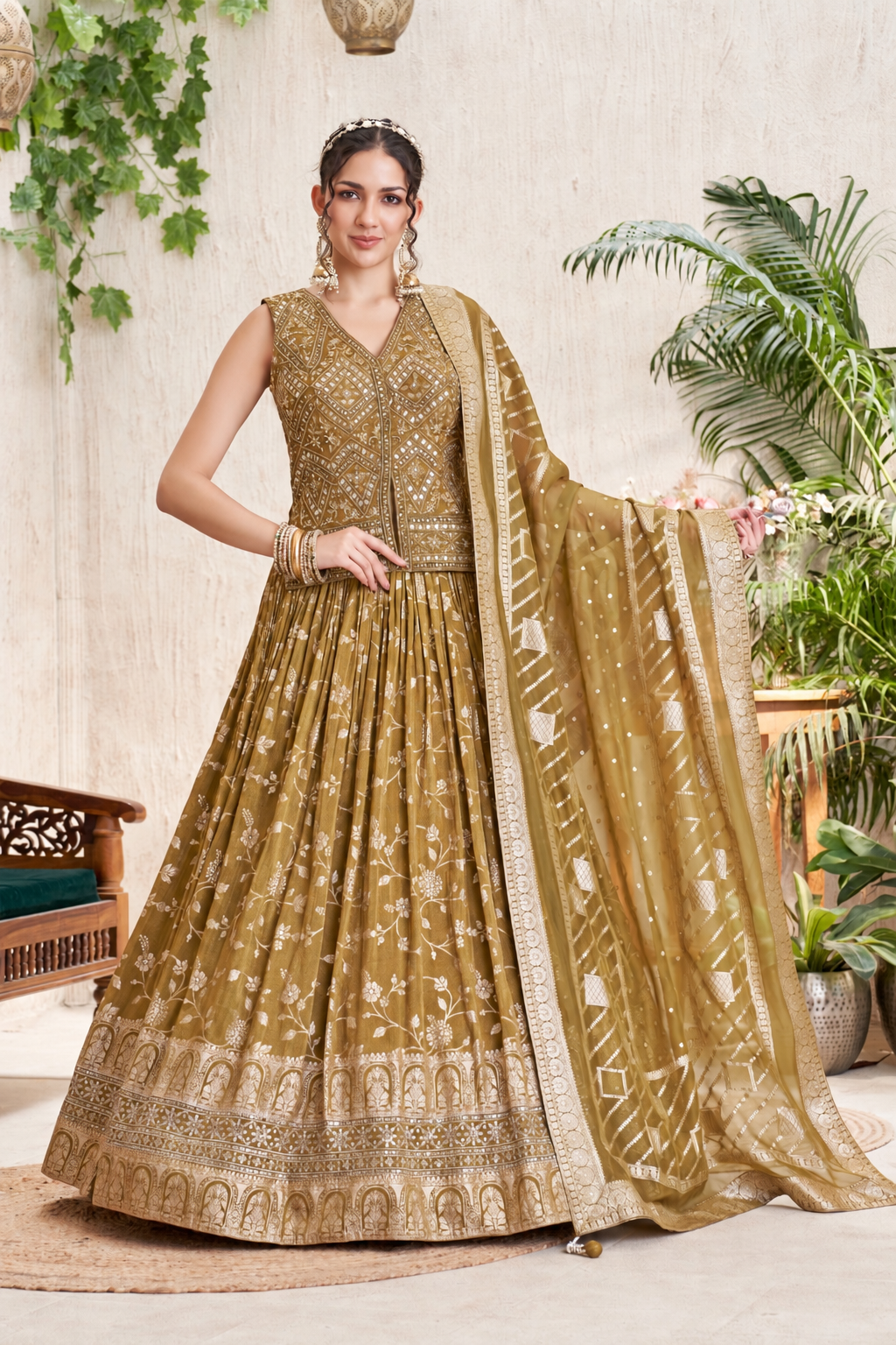 Regal Olive Green Embroidered Lehenga Main image