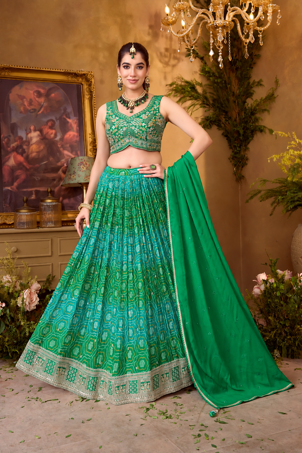 Vibrant Emerald Green Embroidered Lehenga Choli Set
