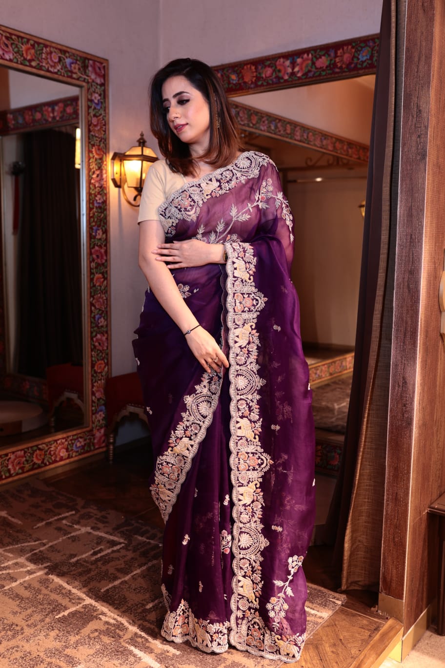 Regal Purple Tissue Saree with Exquisite Embroidery