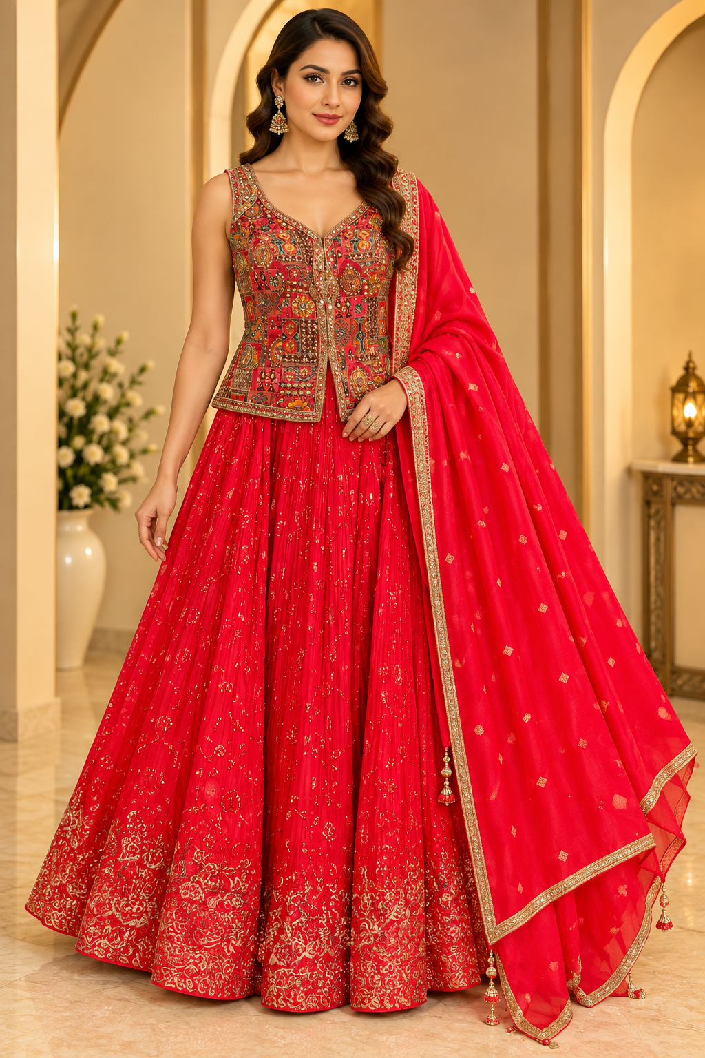 Scarlet Red Hand-Embroidered Folk Mosaic Waistcoat Bustier, Pleated Flared Skirt & Dupatta