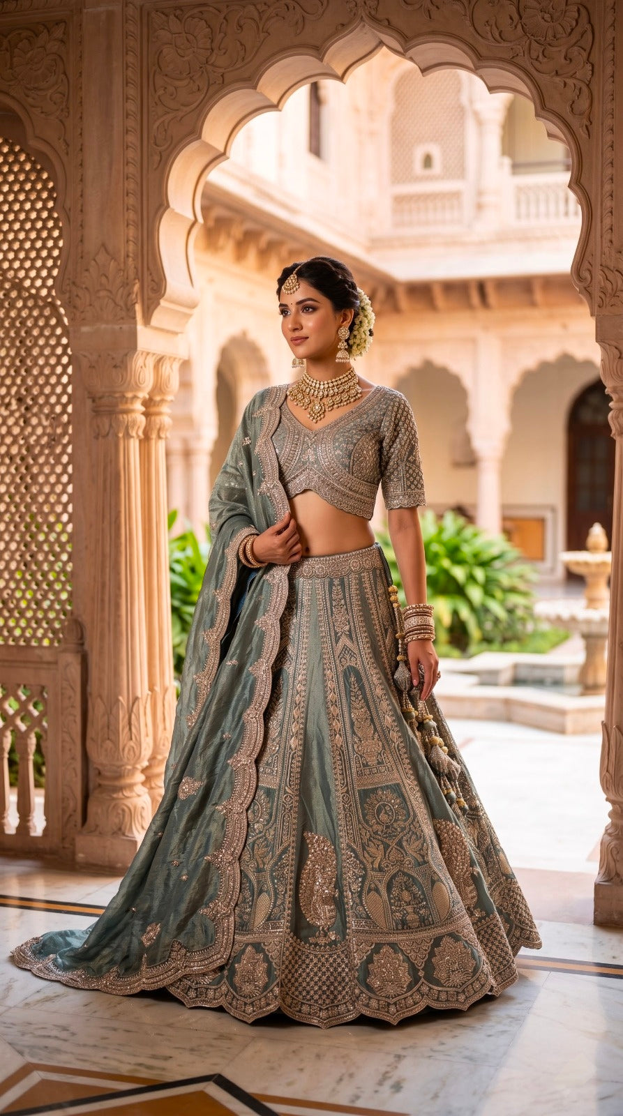 Slate-Grey Viscose Silk Heritage Zardozi Kalidar Lehenga, Choli