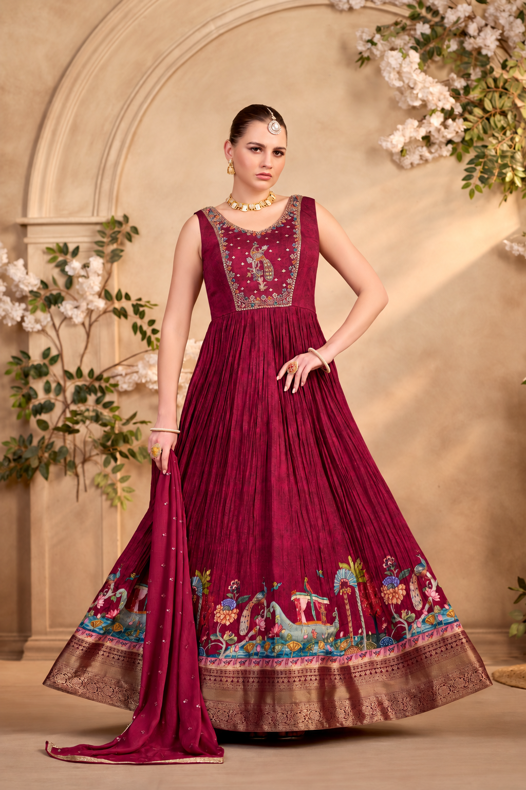 Majestic Wine Red Pichwai Art Anarkali Main image