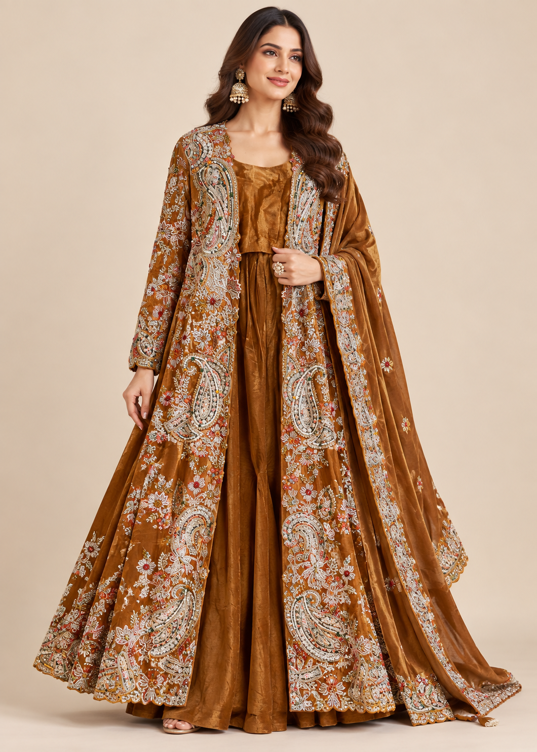 Ochre Gold Embroidered Long Jacket Sharara Set