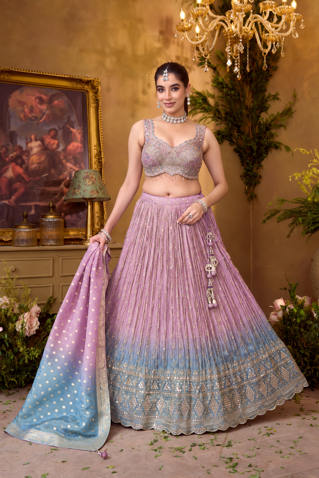 Lavender and Blue Ombre Embroidered Lehenga Set