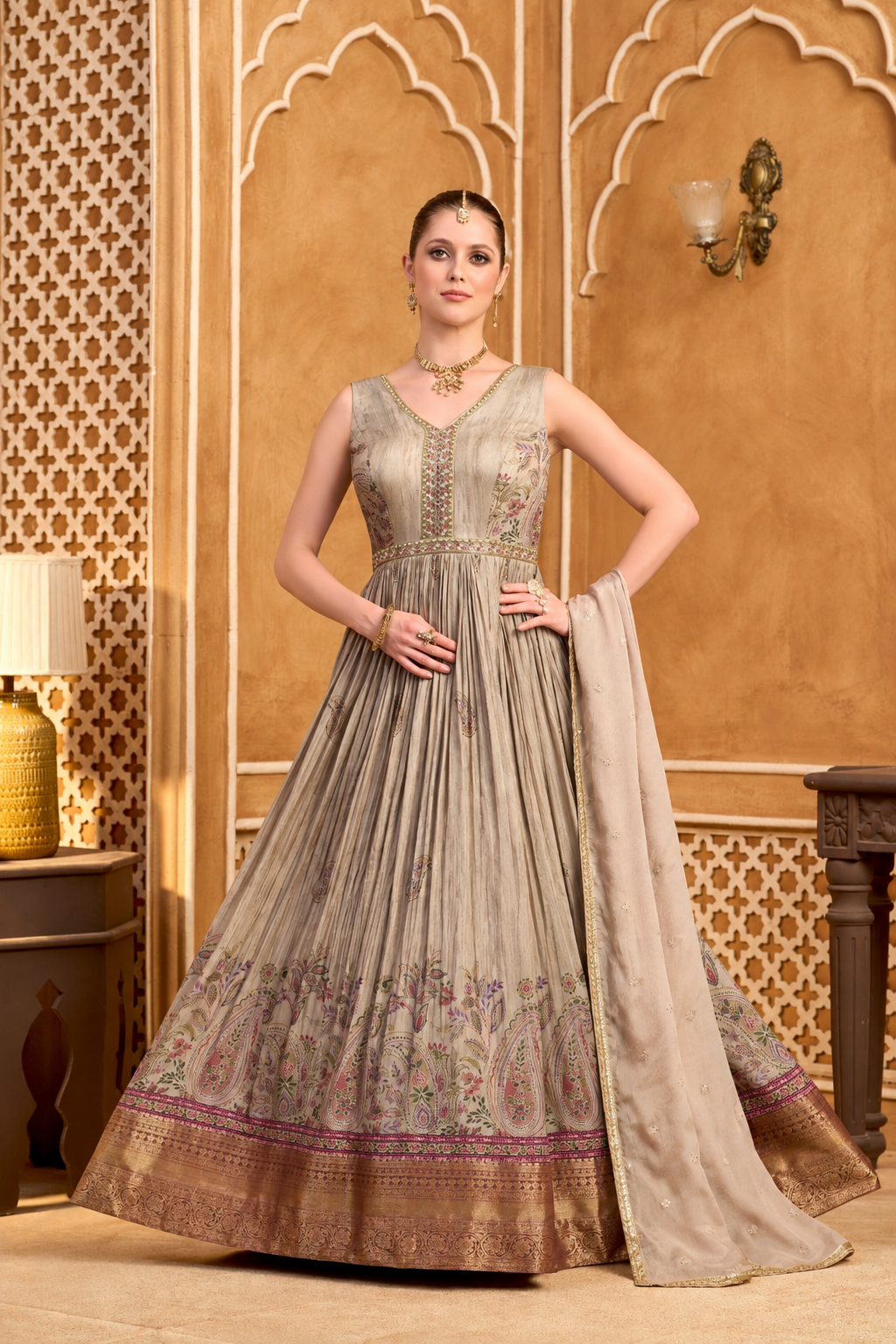 Elegant Taupe Paisley Print Anarkali Gown Ensemble