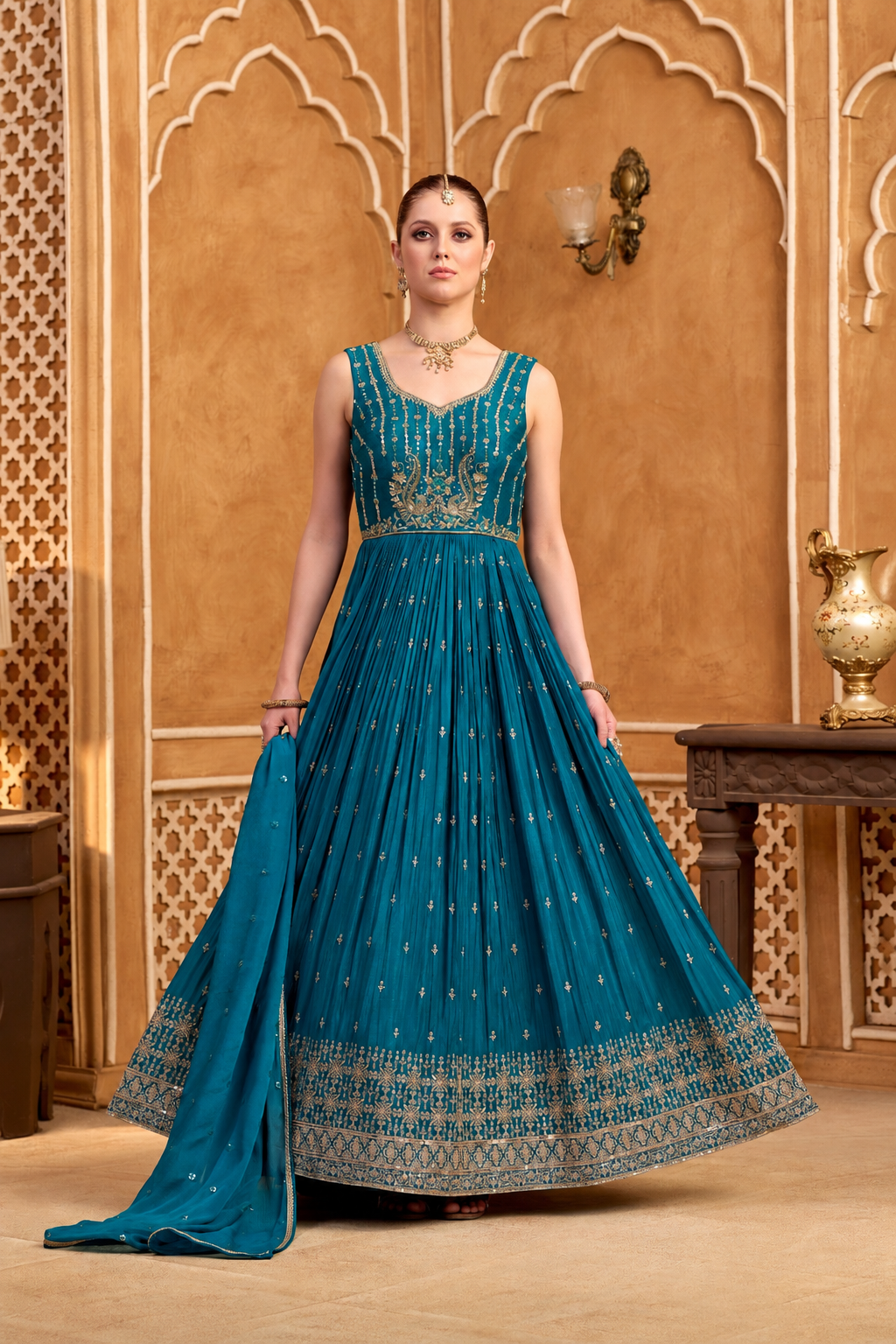 Regal Teal Blue Embroidered Anarkali Gown Ensemble Main image