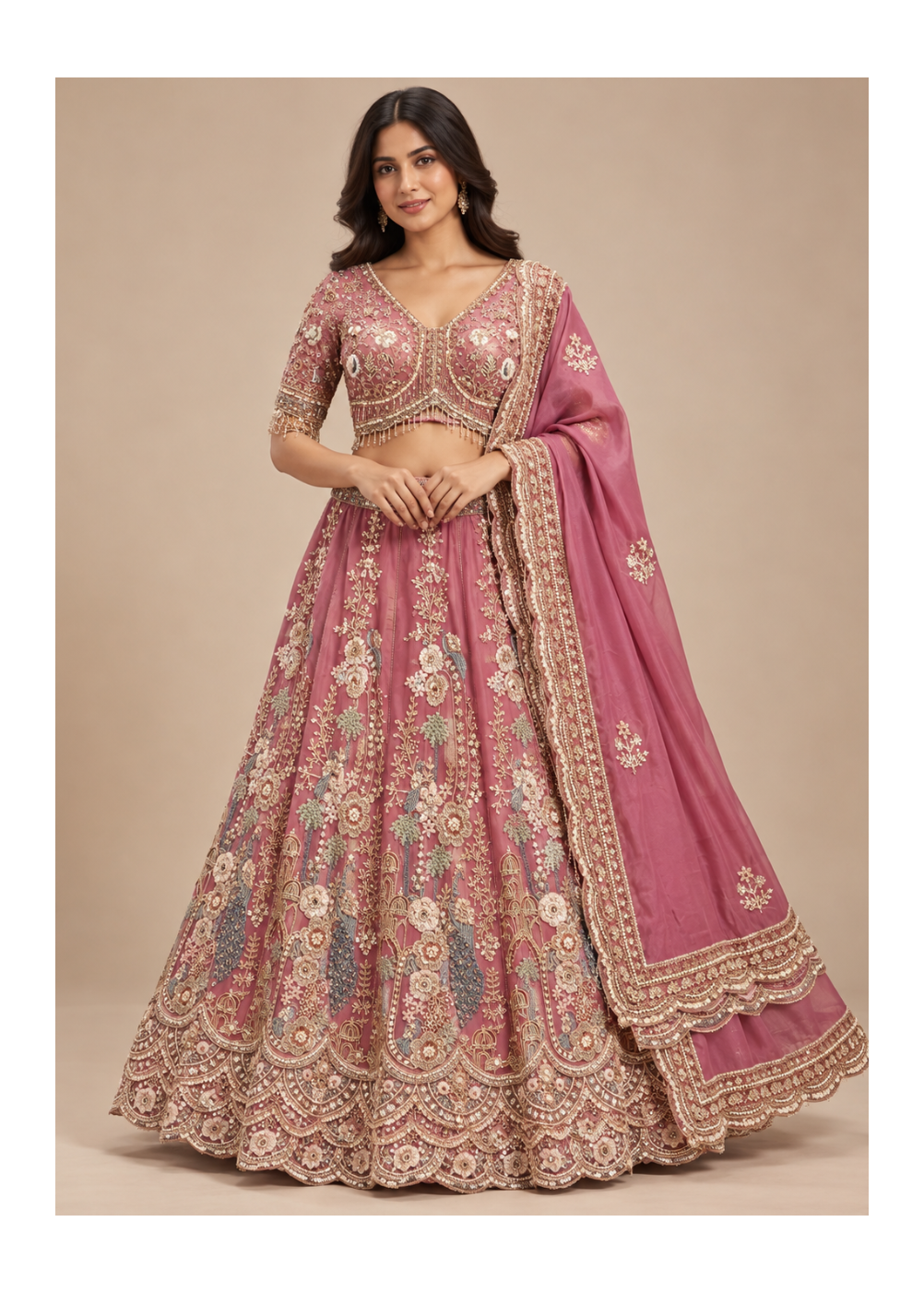 Dusty Rose Floral Embroidered Bridal Lehenga Main image