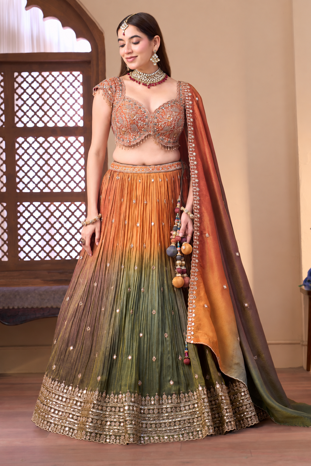 Sunset Rust and Olive Ombre Embroidered Lehenga Main image