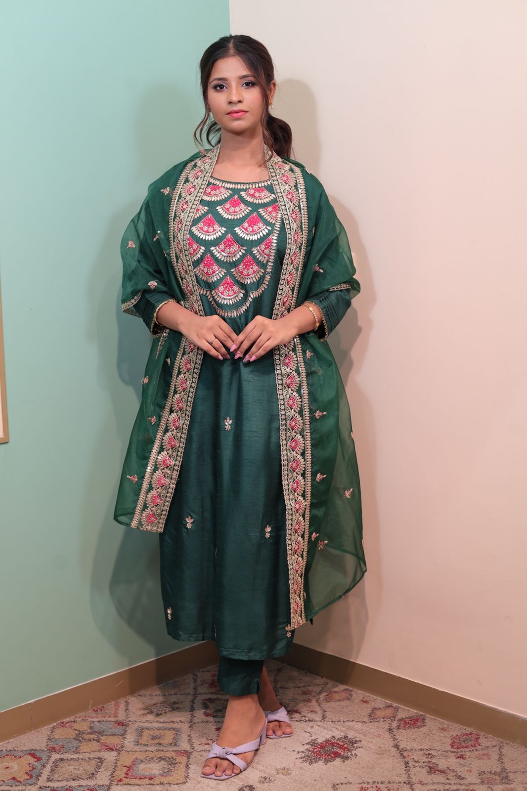 Emerald Raw Silk Kurti with Pant and Dupatta