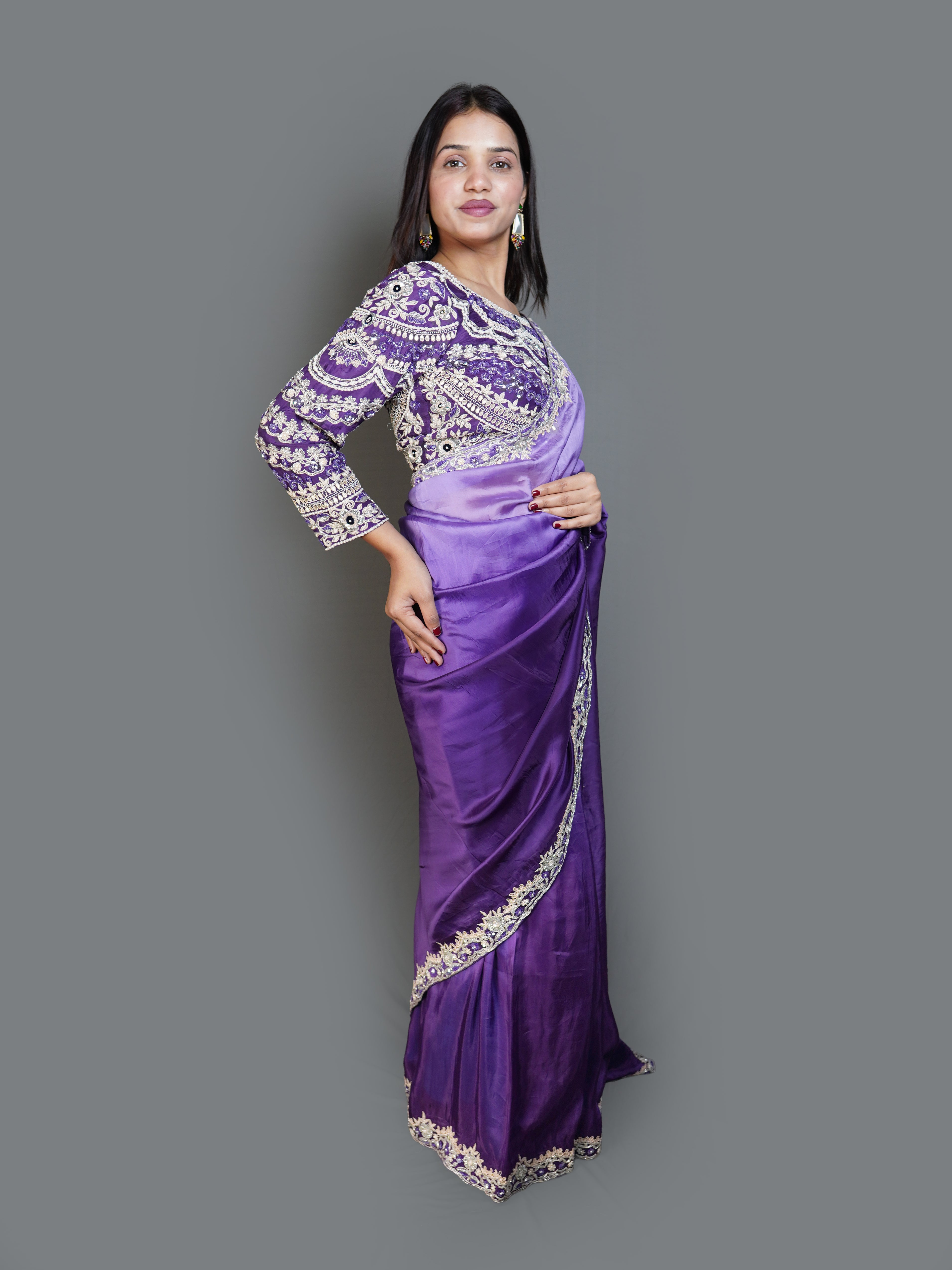 Ombre Purple Saree with Heavily Embroidered Boat Neck Blouse (IF-3007 B-67)