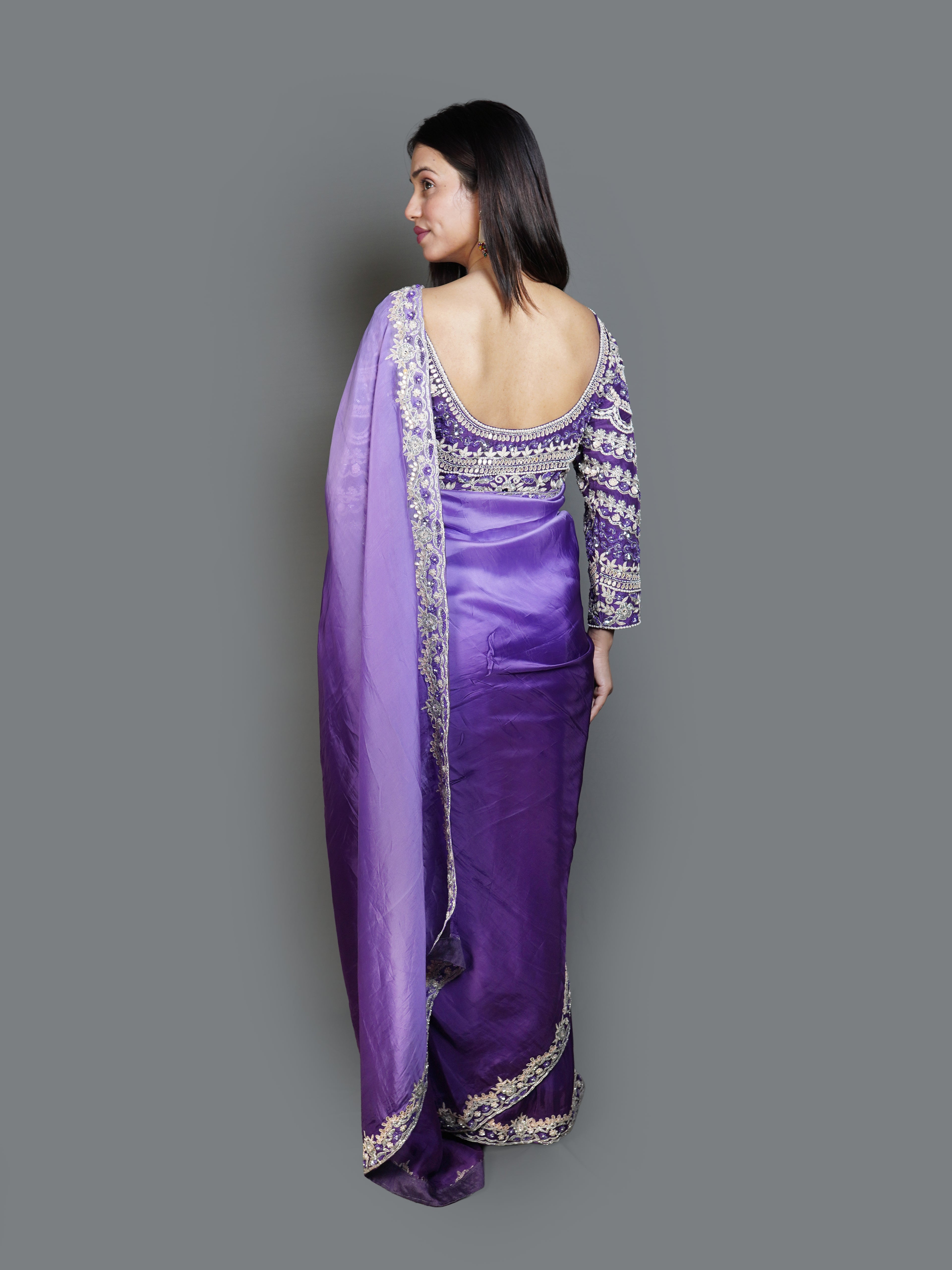 Ombre Purple Saree with Heavily Embroidered Boat Neck Blouse (IF-3007 B-67)