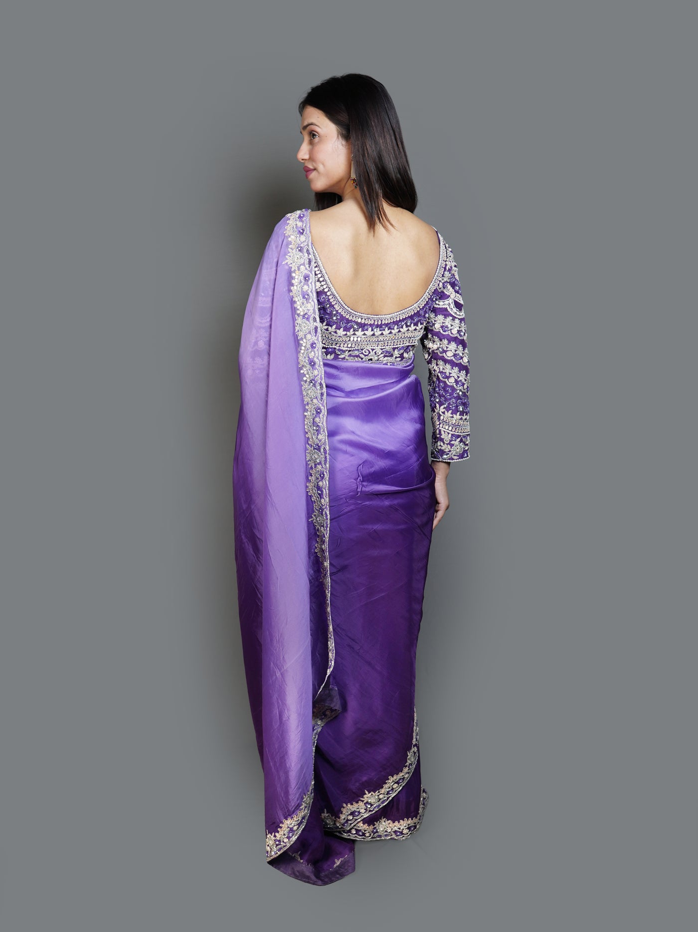 Ombre Purple Saree with Heavily Embroidered Boat Neck Blouse (IF-3007 B-67)